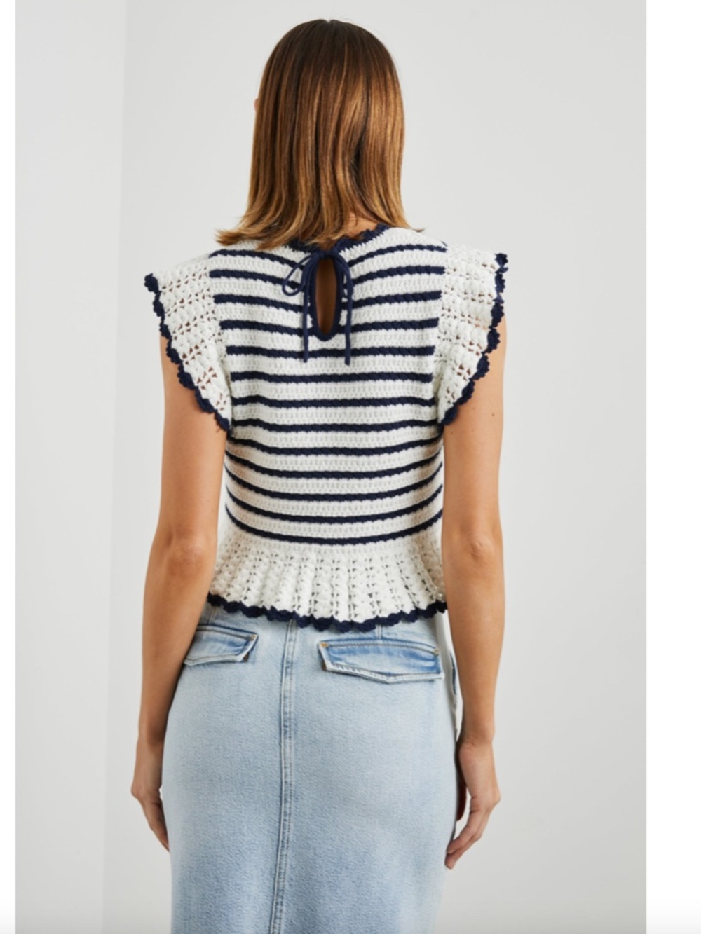 Rails Coen Striped Crochet Ruffle Sleeve Top in Anadia Stripe, Small, Navy Ivory - Picture 8 of 9